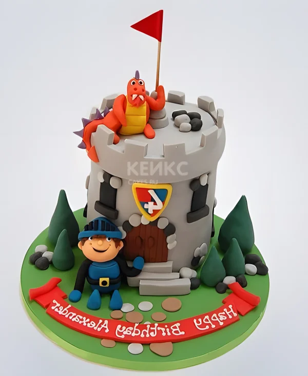 Торт в виде замка с драконом и рыцарем Фото