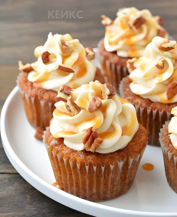 Карамельные капкейки с белым кремом и кусочками орехов Фото