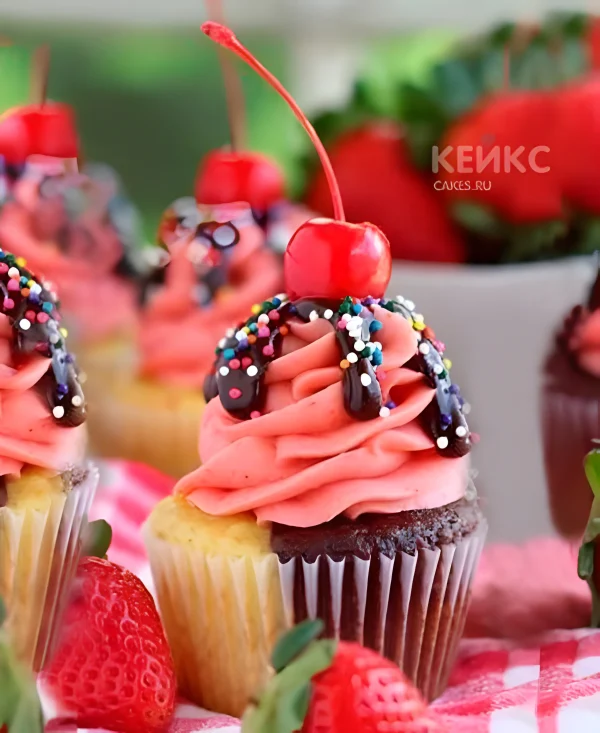 Капкейки с розовым кремом и вишней Фото