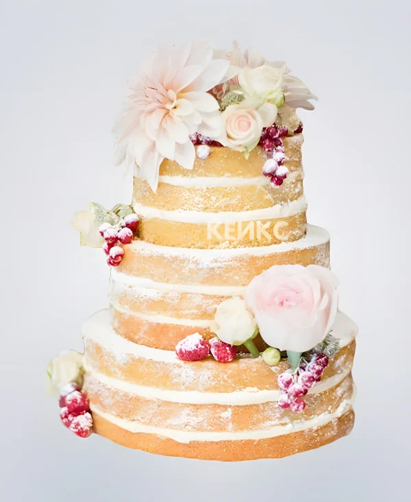 Шикарный летний свадебный торт с ягодами и цветами Фото