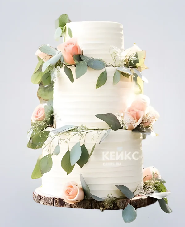 Трехъярусный летний свадебный торт в стиле рустик Фото