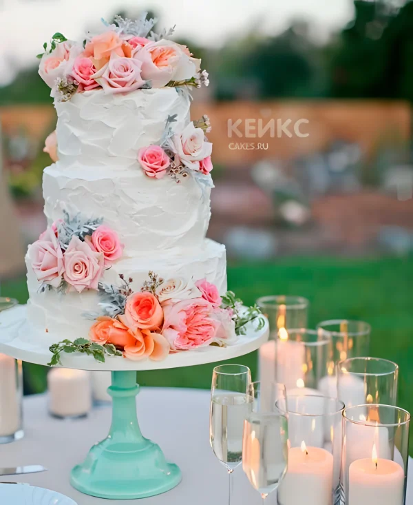 Бесподобный летний свадебный торт из крема с пышными розами Фото