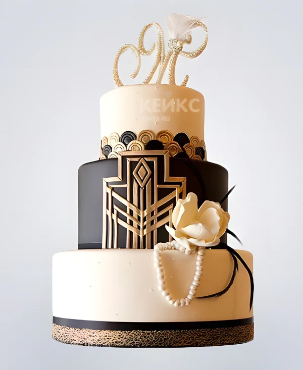 Черно-золотой трехъярусный свадебный торт Гэтсби Фото