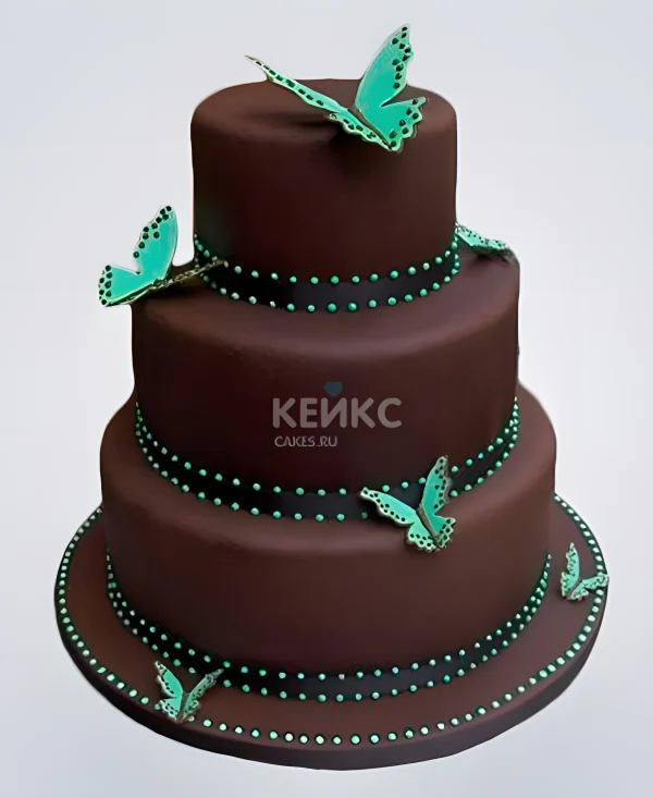 Свадебный торт коричневый с бирюзовыми бабочками Фото