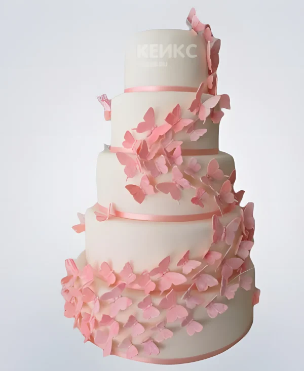 Свадебный торт с розовыми лентами и бабочками Фото
