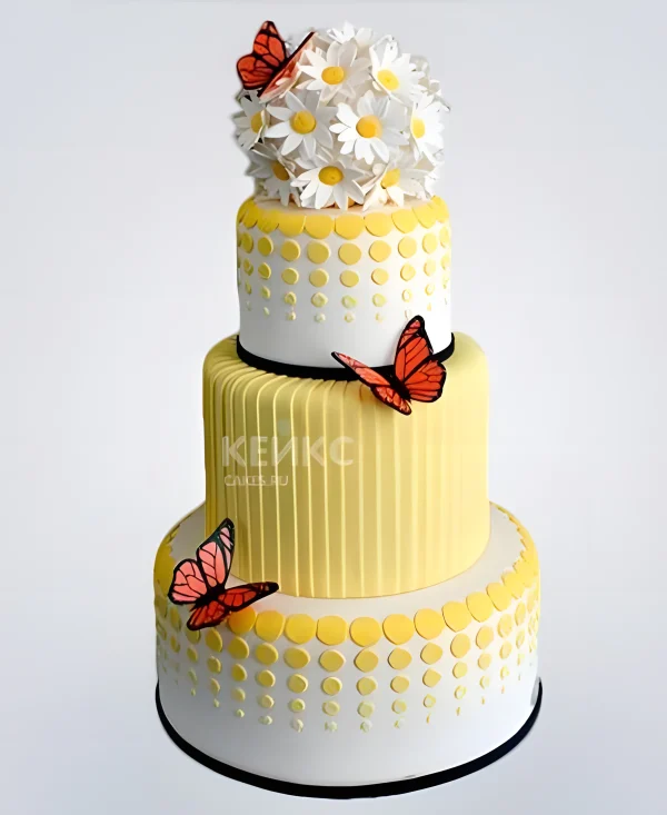 Свадебный торт с ромашками и бабочками Фото