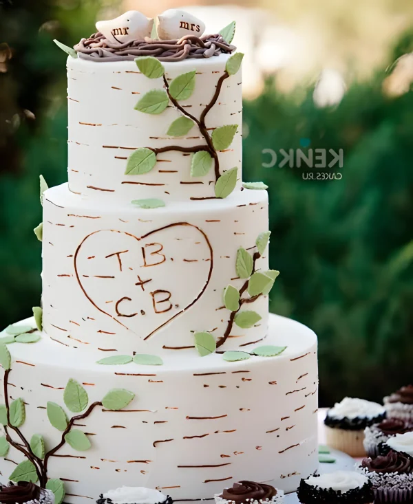 Свадебный торт Березка трехъярусный, с гнездом и птичками с именами Фото