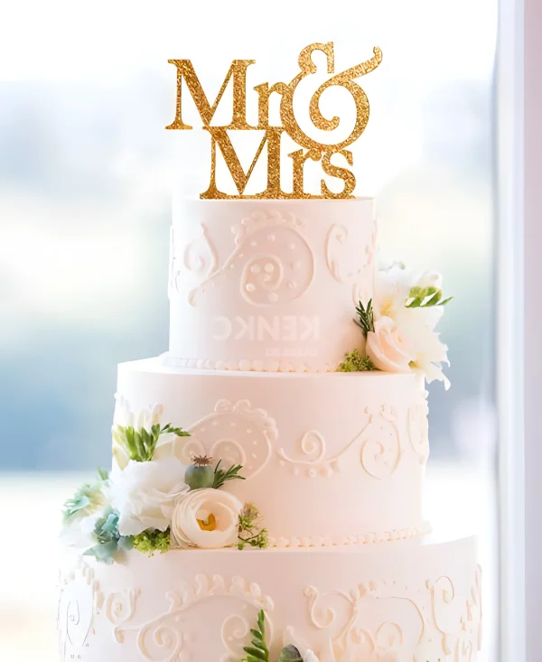 Нежно-розовый трехъярусный торт с узором, надписью Mr&Mrs и цветами Фото