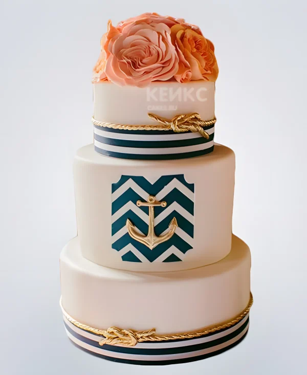 Свадебный торт с морскими узлами и золотым якорем Фото