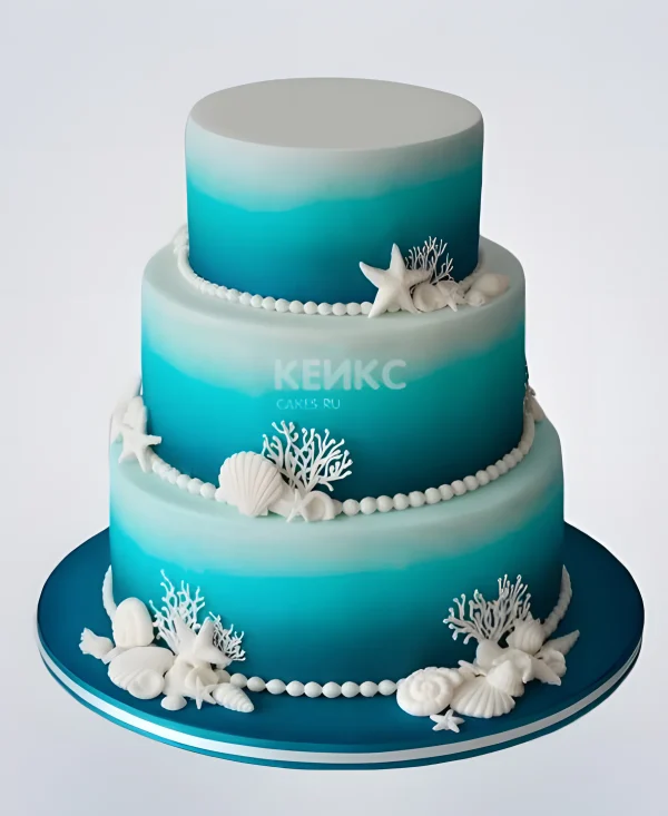 Свадебный торт в морском стиле с бирюзовым градиентом Фото