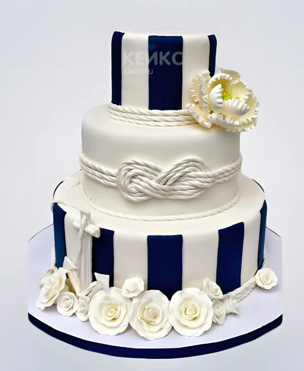 Свадебный торт трехъярусный с морским узлом, якорем, цветами из крема Фото