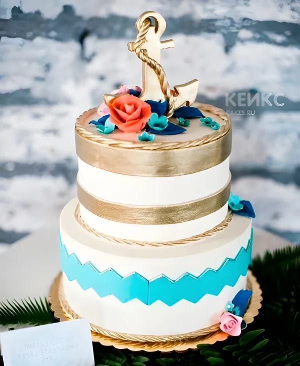Бирюзово-золотой свадебный торт в морском стиле Фото