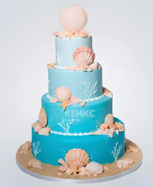 Свадебный торт четырехъярусный, бирюзово-голубой, кораллы, ракушки Фото