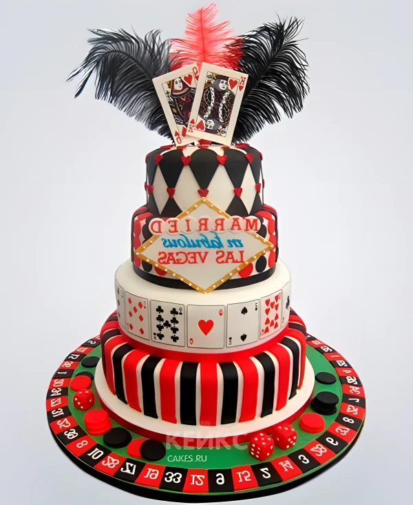 Свадебный Торт четырехъярусный казино, рулетка, карты, кости, перья Фото