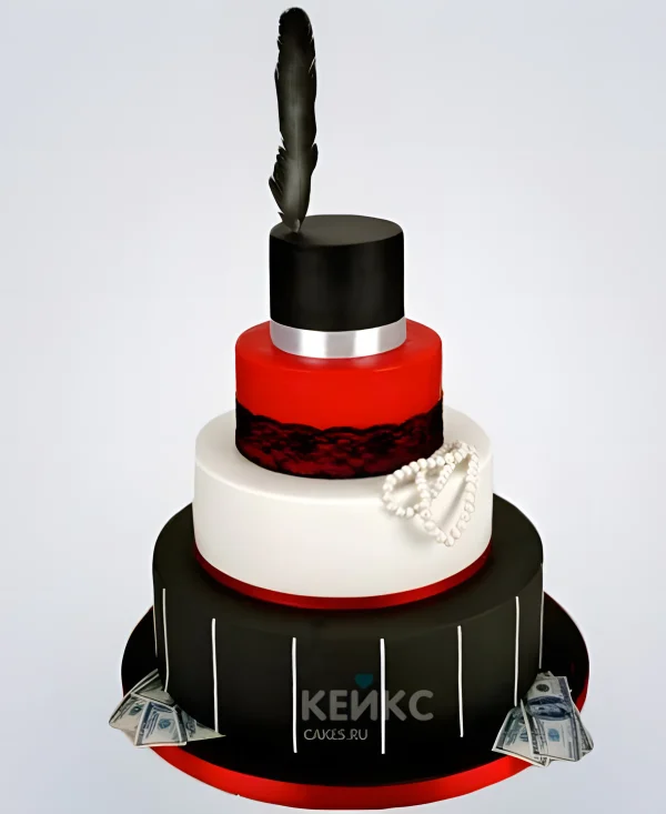 Свадебный торт с черным пером и яркими цветами Фото
