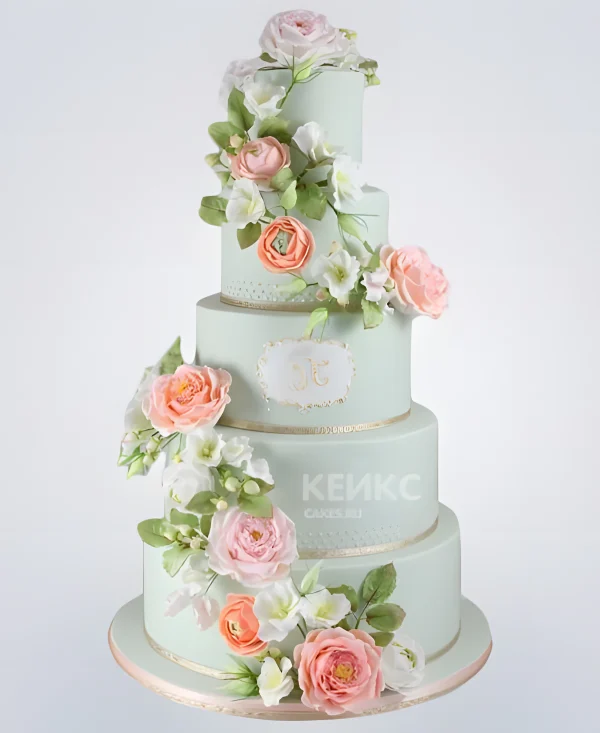 Нежно-бирюзовый свадебный торт в стиле Шебби Шик Фото