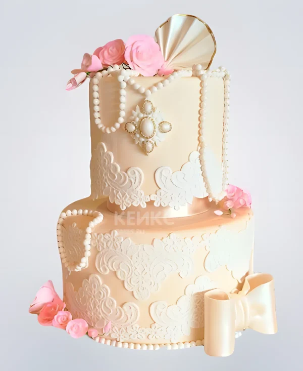 Свадебный Торт в стиле Шебби Шик с бантом и белым кружевом Фото