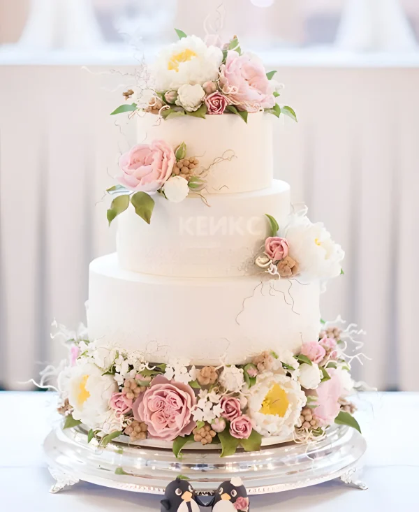 Свадебный Торт в стиле Шебби Шик с лентой цветов Фото