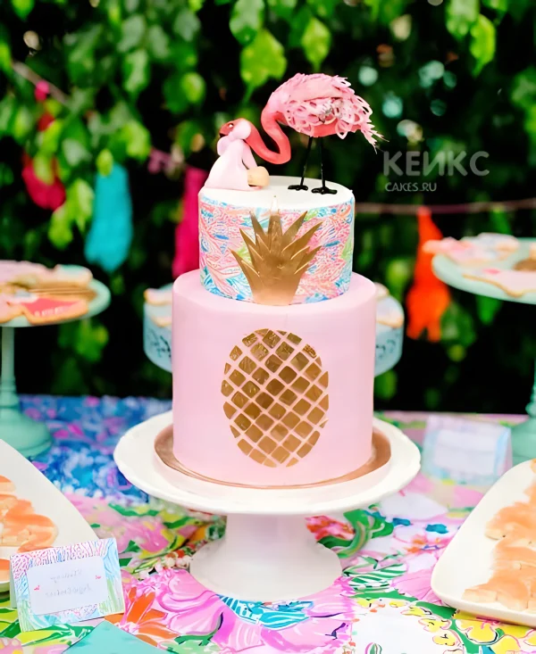 Розовый торт с ананасом и фламинго Фото