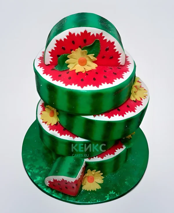 Необычный торт арбуз с цветами Фото