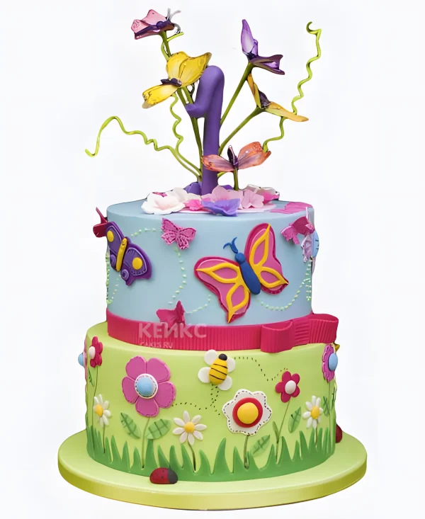 Двухъярусный торт с бабочками и цветами Фото