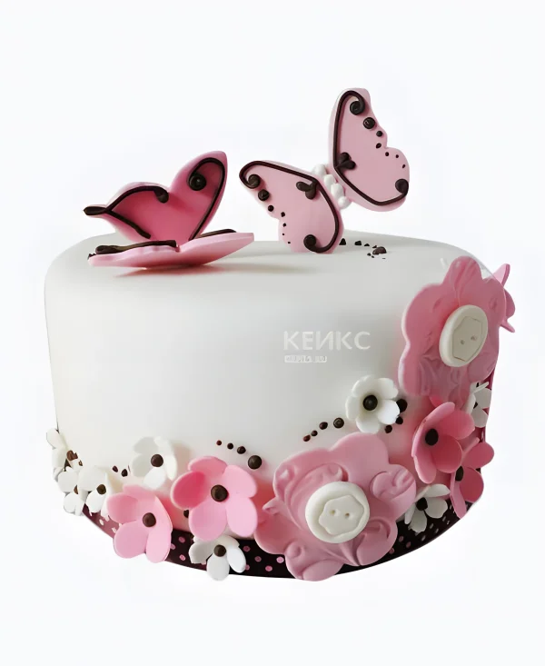 Милый торт с розовыми цветами и бабочками Фото