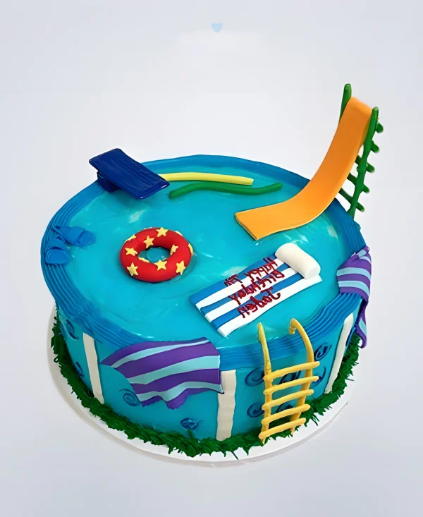 Озорной торт бассейн с желтой горкой и кругом Фото