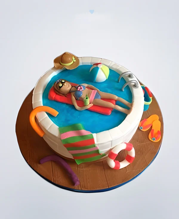 Торт бассейн с девушкой на матрасе Фото