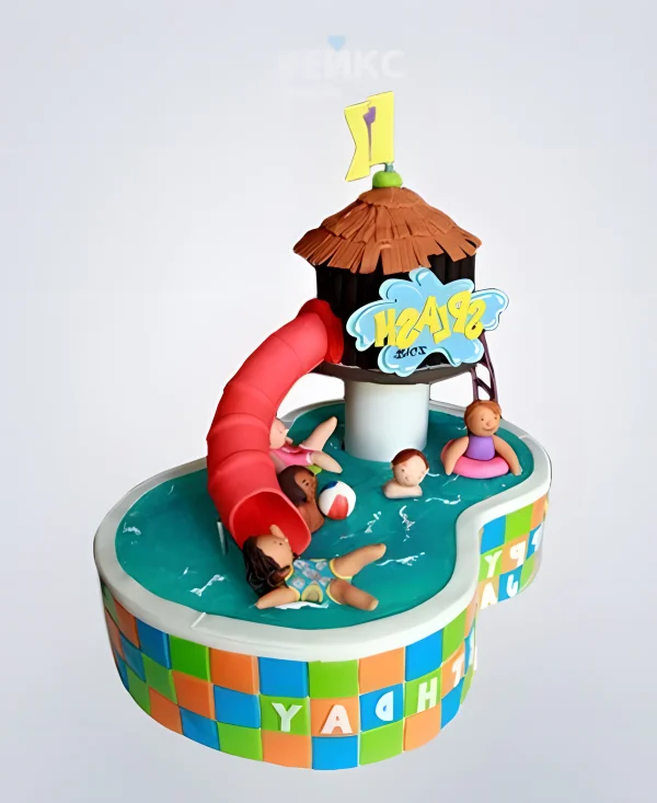 Забавный торт бассейн с красной горкой Фото