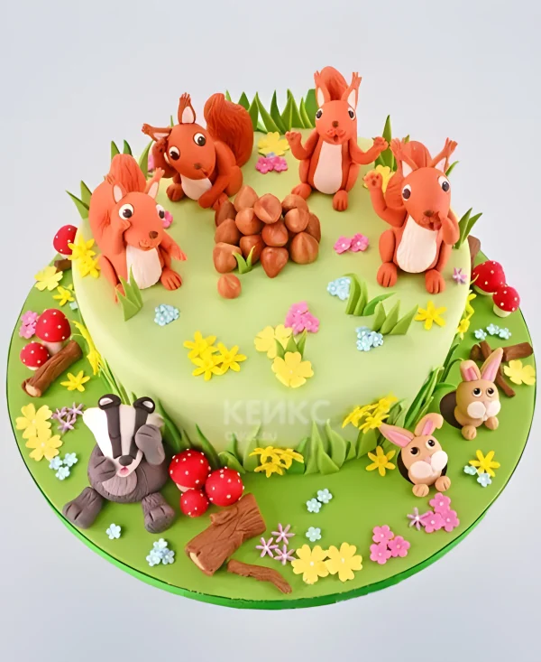 Яркий торт с белочками и орехами на полянке Фото