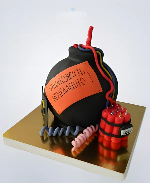 Взрывной торт Бомба с проводами красным и синим Фото
