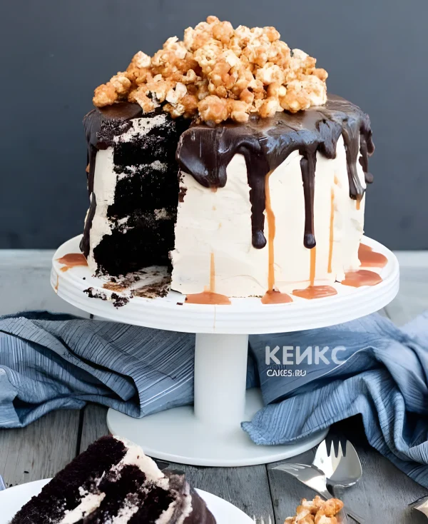 Белый торт с шоколадной глазурью и  попкорном Фото