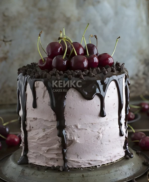 Торт розовый с вишнями Фото