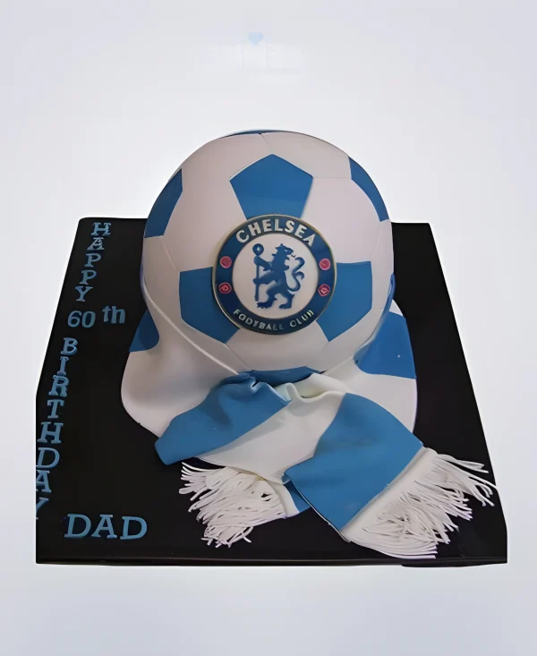 Торт в виде мяча с логотипом челси и шарфом Фото