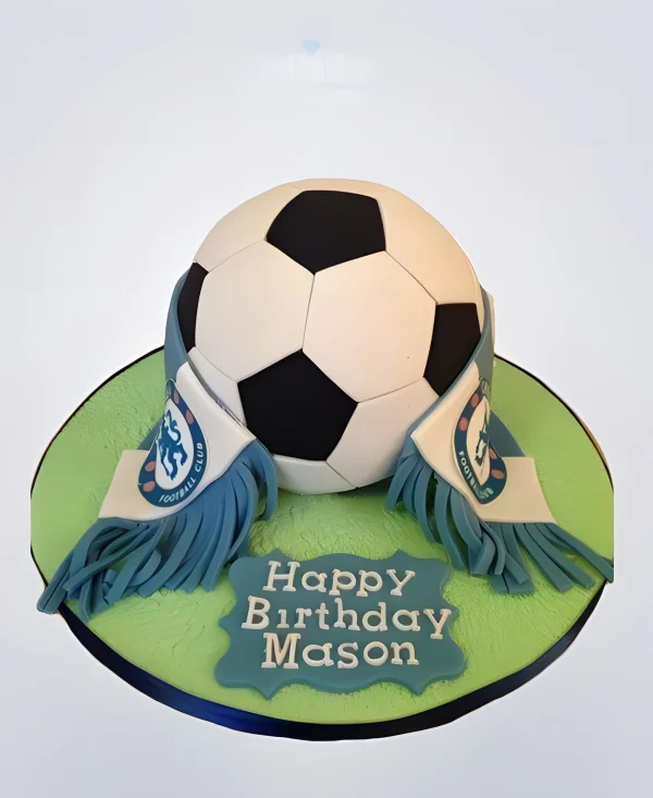 Торт Челси в форме футбольного мяча с шарфом и табличкой Фото