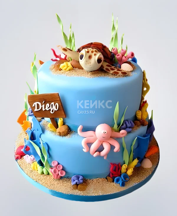 Голубой торт с фигурками морских жителей Фото