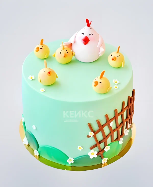 Яркий торт с цыплятами и ромашками Фото