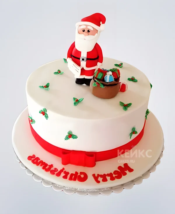 Милый торт с Дедом морозом из мастики Фото
