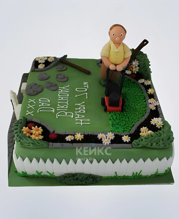 Торт в виде зеленой полянки с надписью Фото