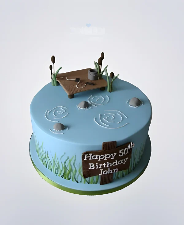 Торт в виде озера рыбаку Фото