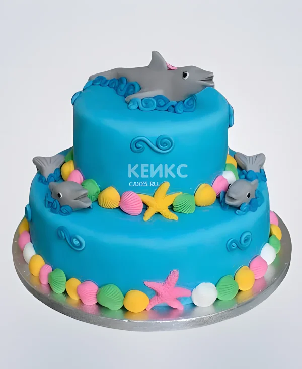 Голубой торт с дельфином для девочки Фото
