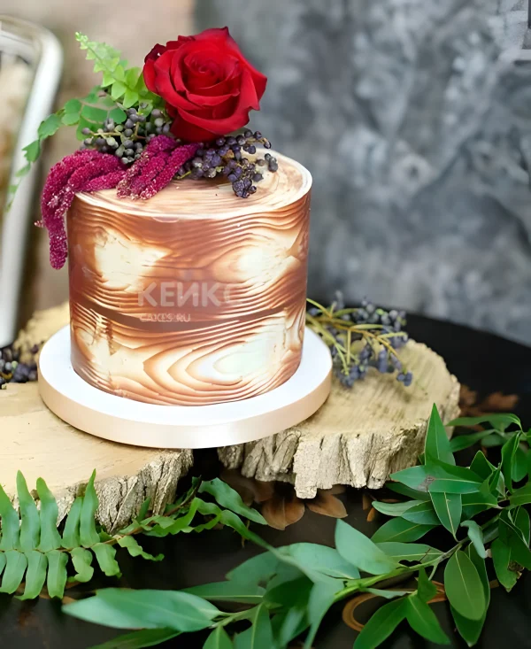 Торт в деревенском стиле с розой и веточками Фото