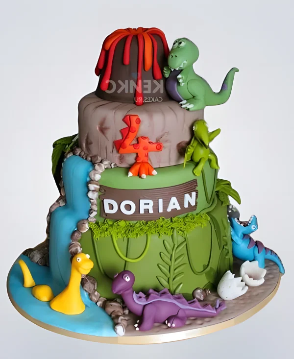 Яркий торт с динозаврами и вулканом Фото