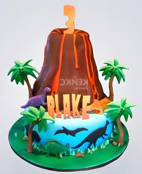 Торт с вулканом и динозаврами Фото