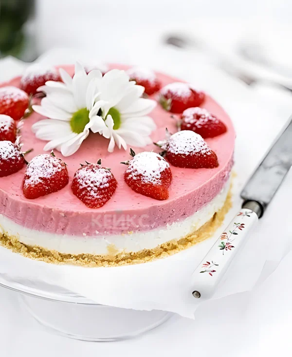 Торт для беременных с клубникой и белыми цветами Фото