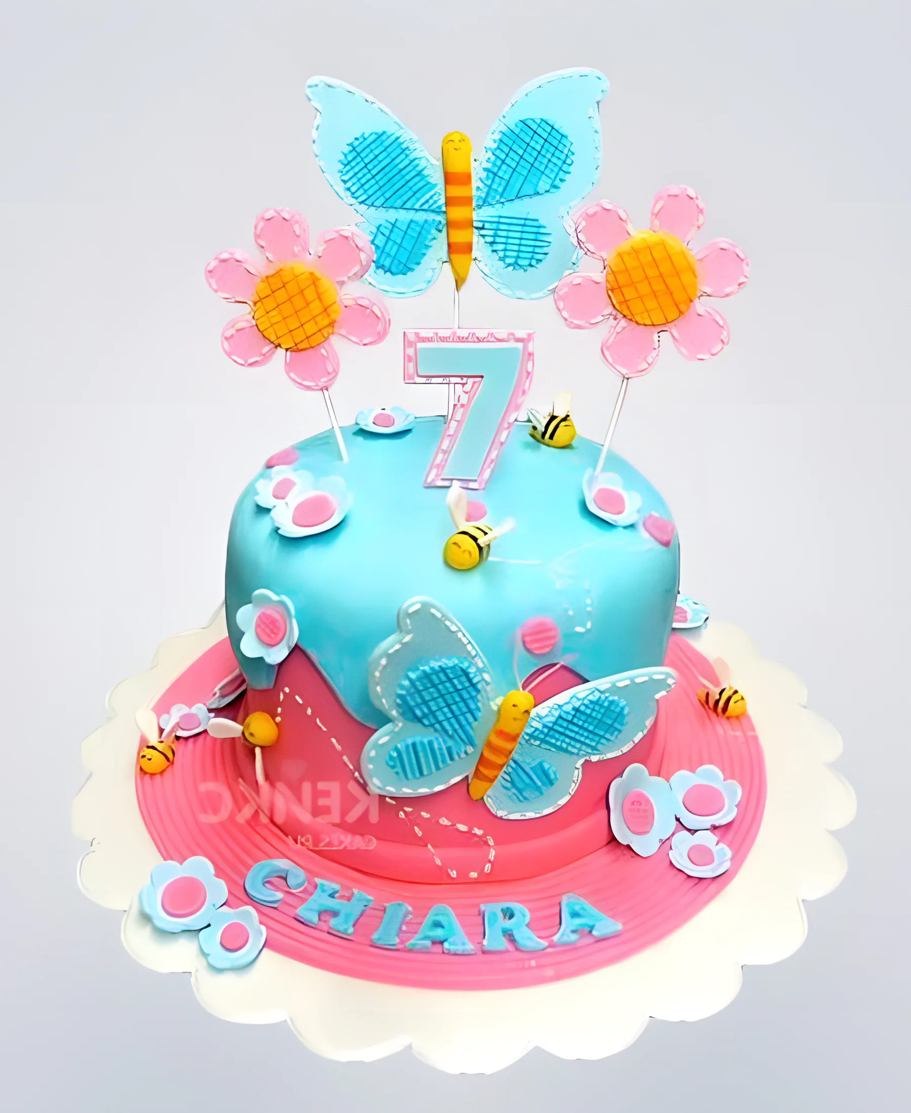 Голубой торт с бабочками на 7 лет девочке Фото