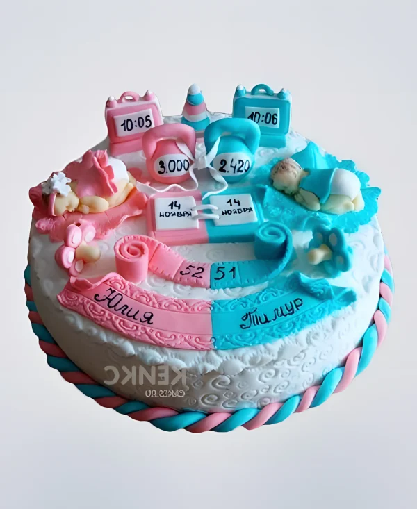 Торт с фигурками младенцев и надписями Фото