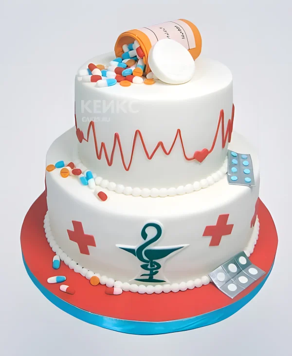 Двухъярусный торт для врача с таблетками Фото