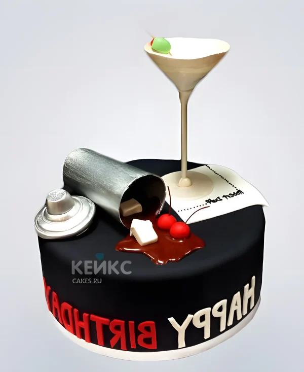 Черный торт с золотым бокалом мартини Фото