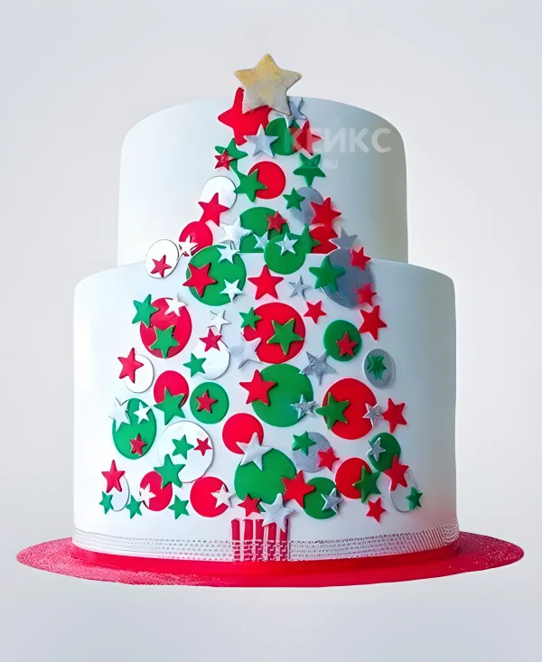 Торт двухъярусный с ёлочкой на новый год Фото